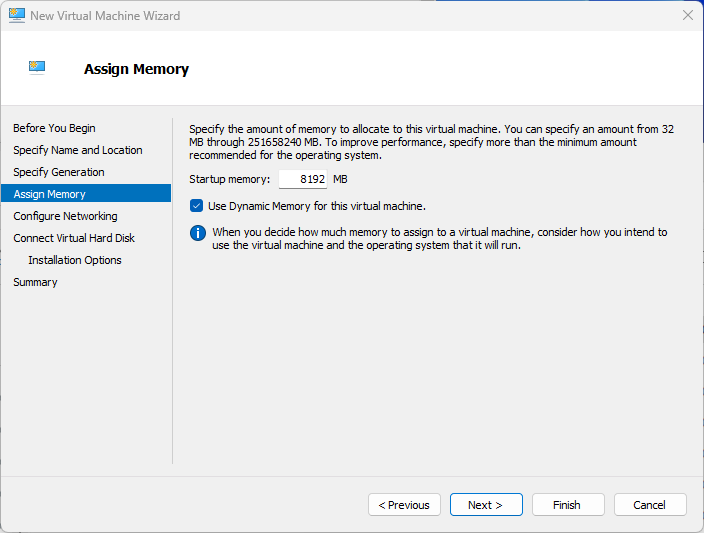 hyper-v manager new vm wizard assign memory screen