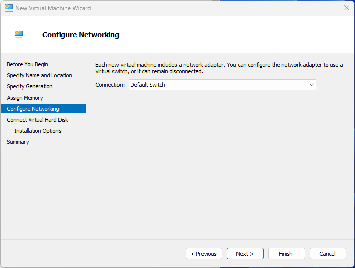 hyper-v manager new vm wizard configure networking screen