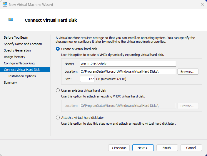 hyper-v manager new vm wizard connect virtual hard disk screen