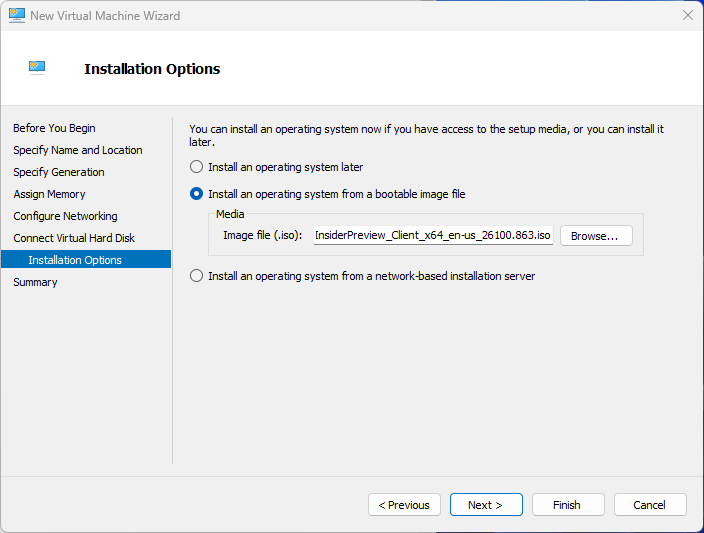 hyper-v manager new vm wizard installation options screen