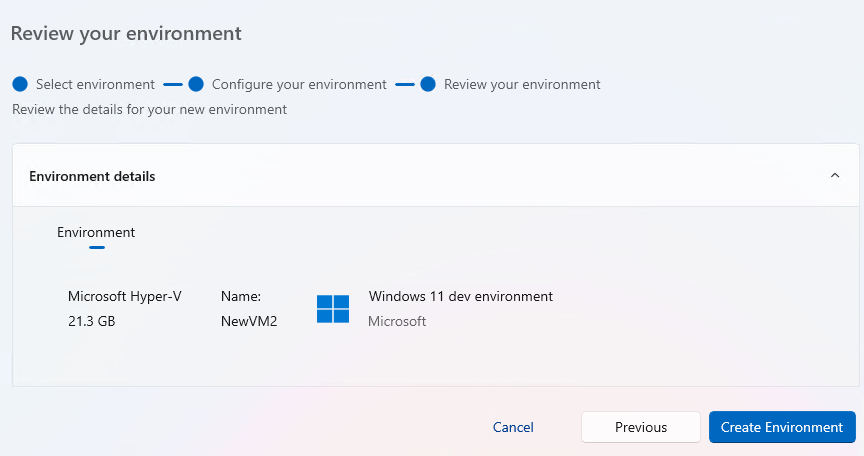 windows 11 dev environment details