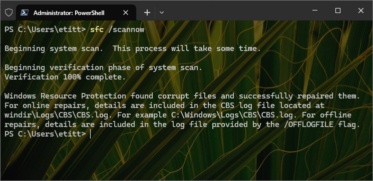 sfc scannow command finding and repairing corrupt files