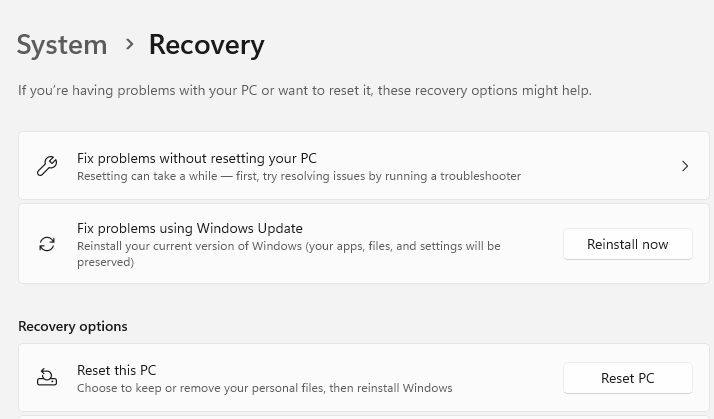 windows 11 system recovery screen with reinstall now button