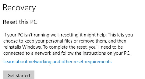 starting the reset this pc process in windows 10