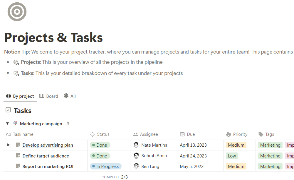 projects and tasks template in notion