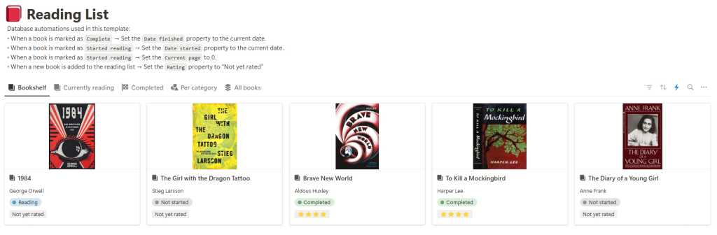 Reading list template in Notion