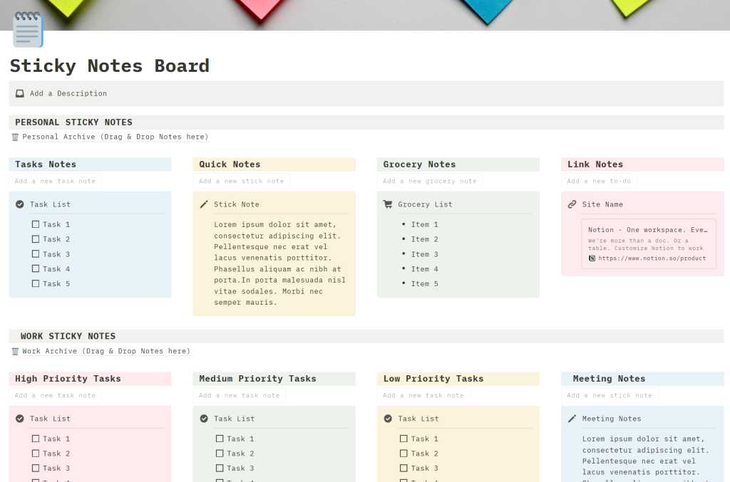 Sticky notes template in Notion