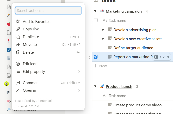 popup menu for item in notion template