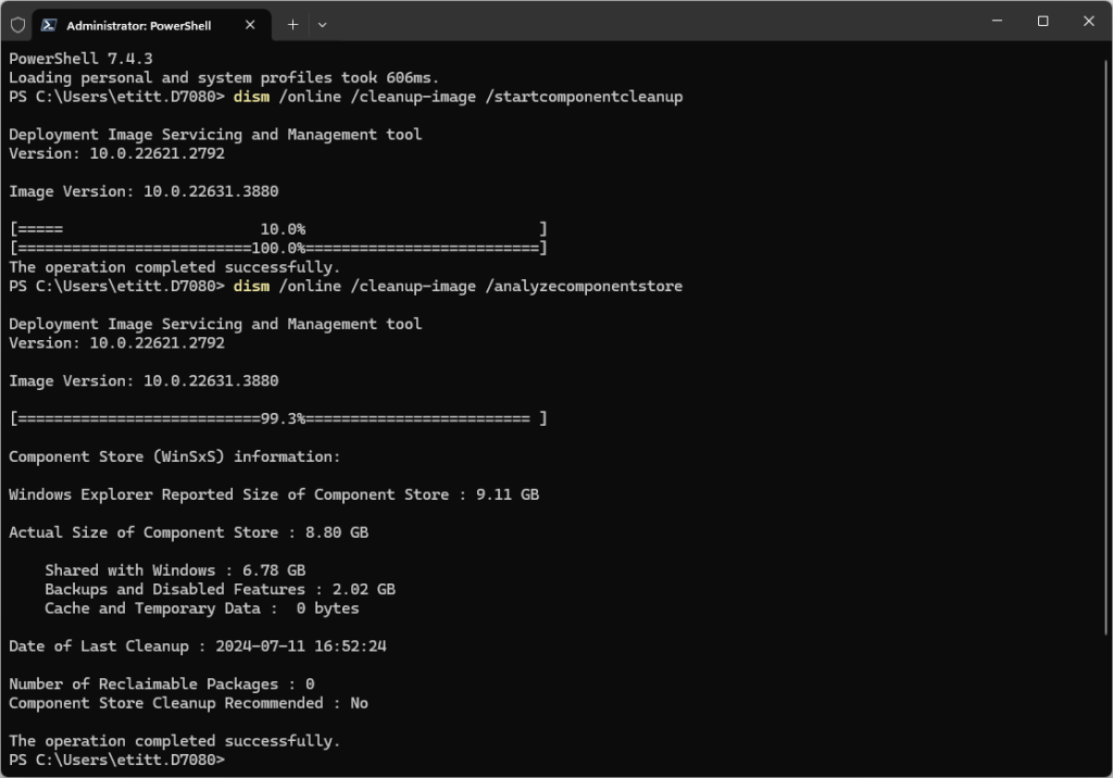 dism startcomponentcleanup y segundo comando analyzecomponentstore