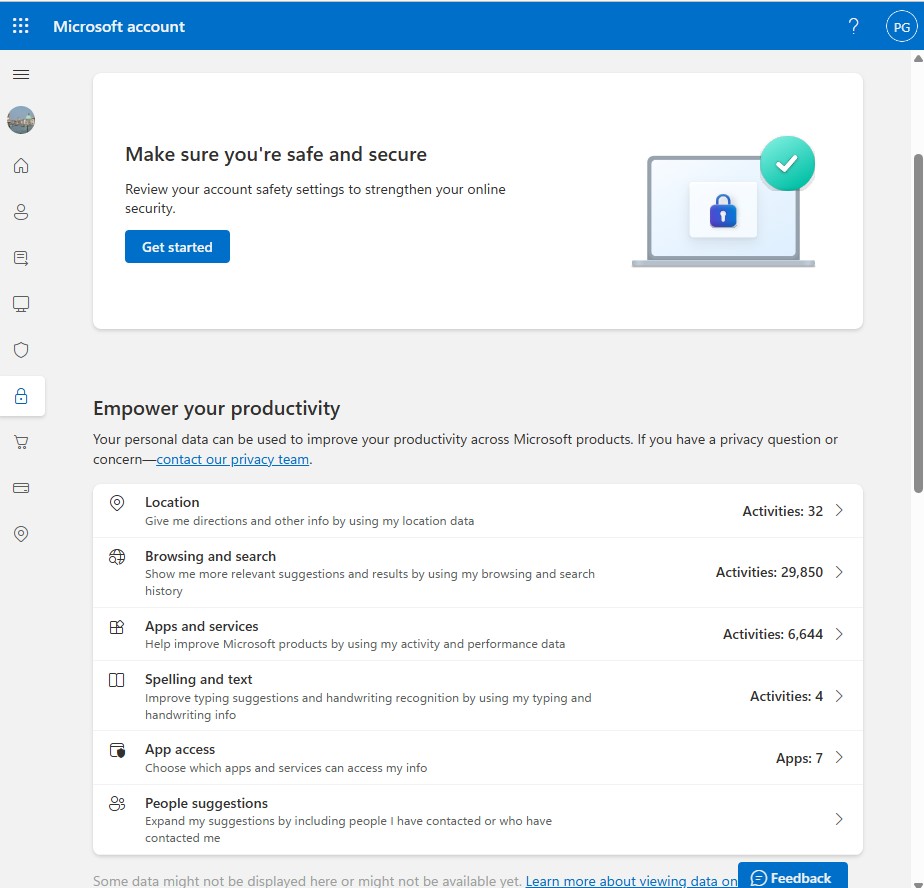 microsoft privacy dashboard main screen