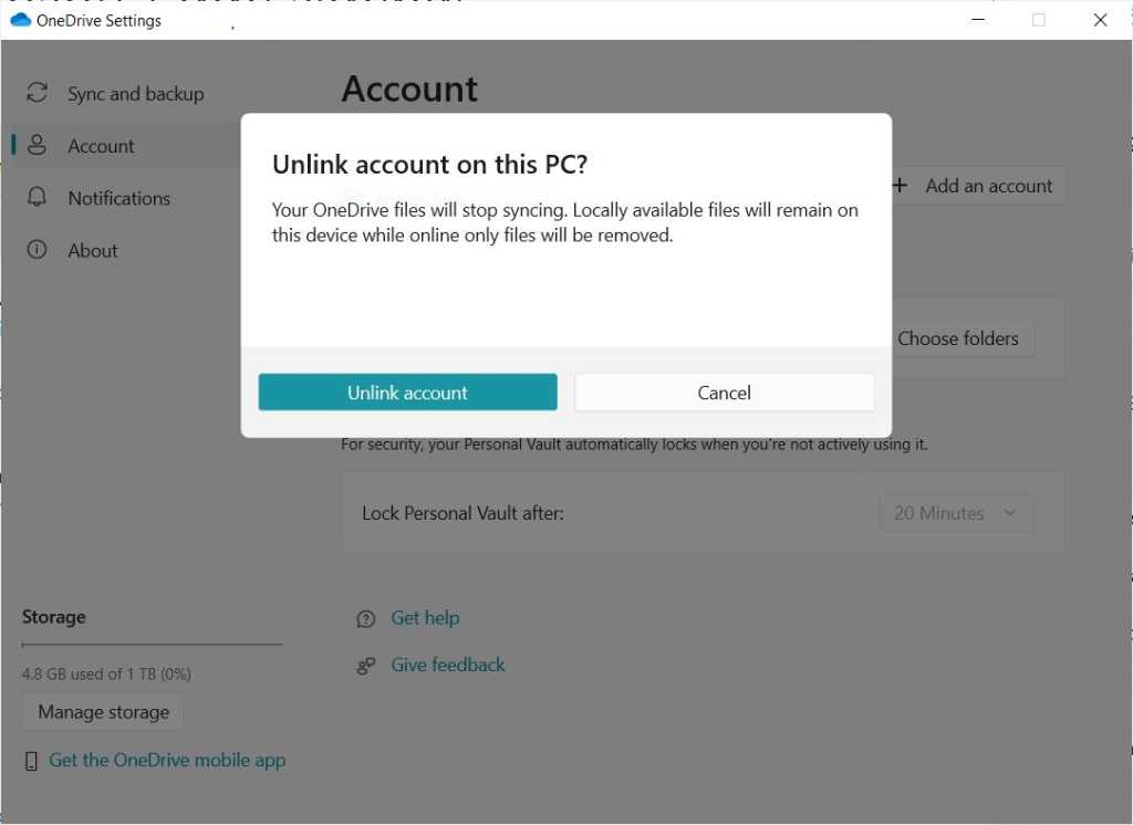 unlinking onedrive account to stop syncing