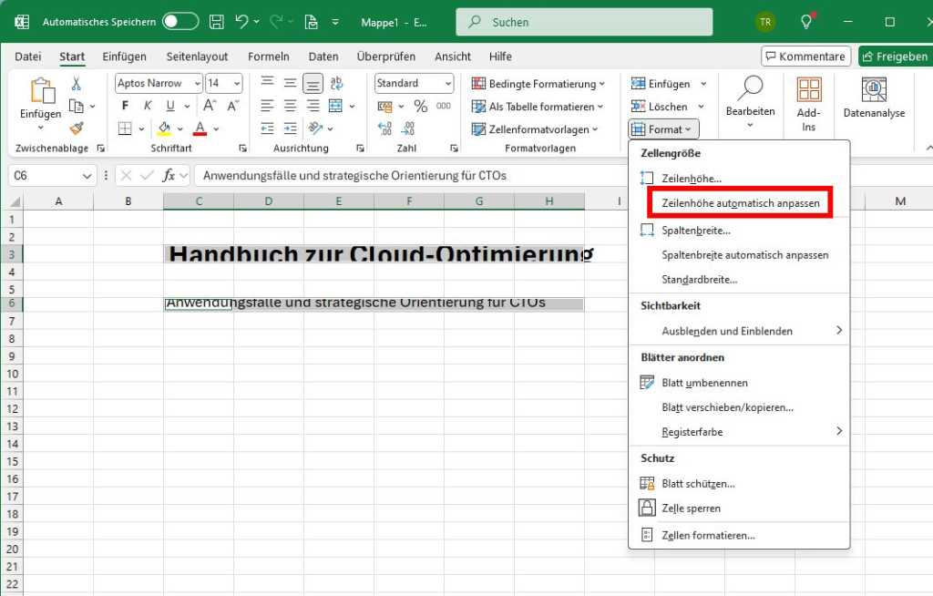 Microsoft Excel, Zeilenhöhe, auto add, Zellengröße