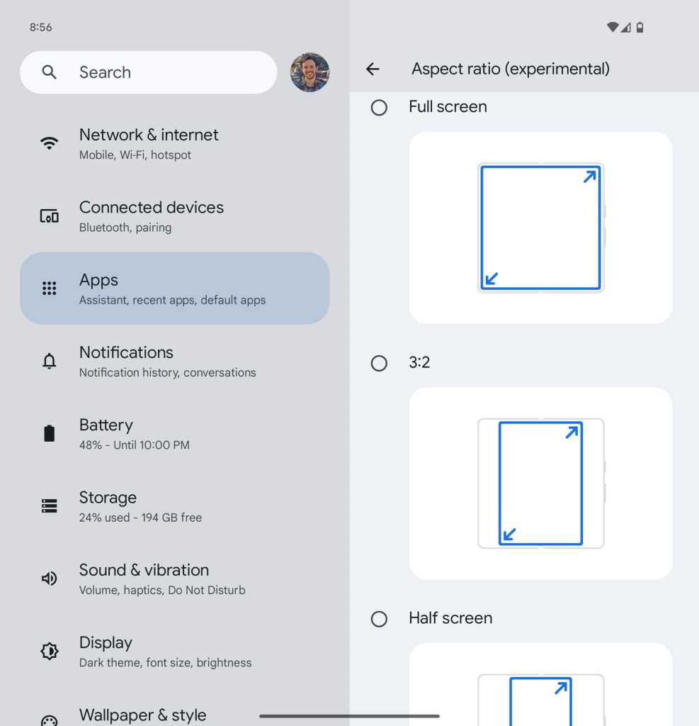 Google Pixel 9 Pro Fold app aspect ratio