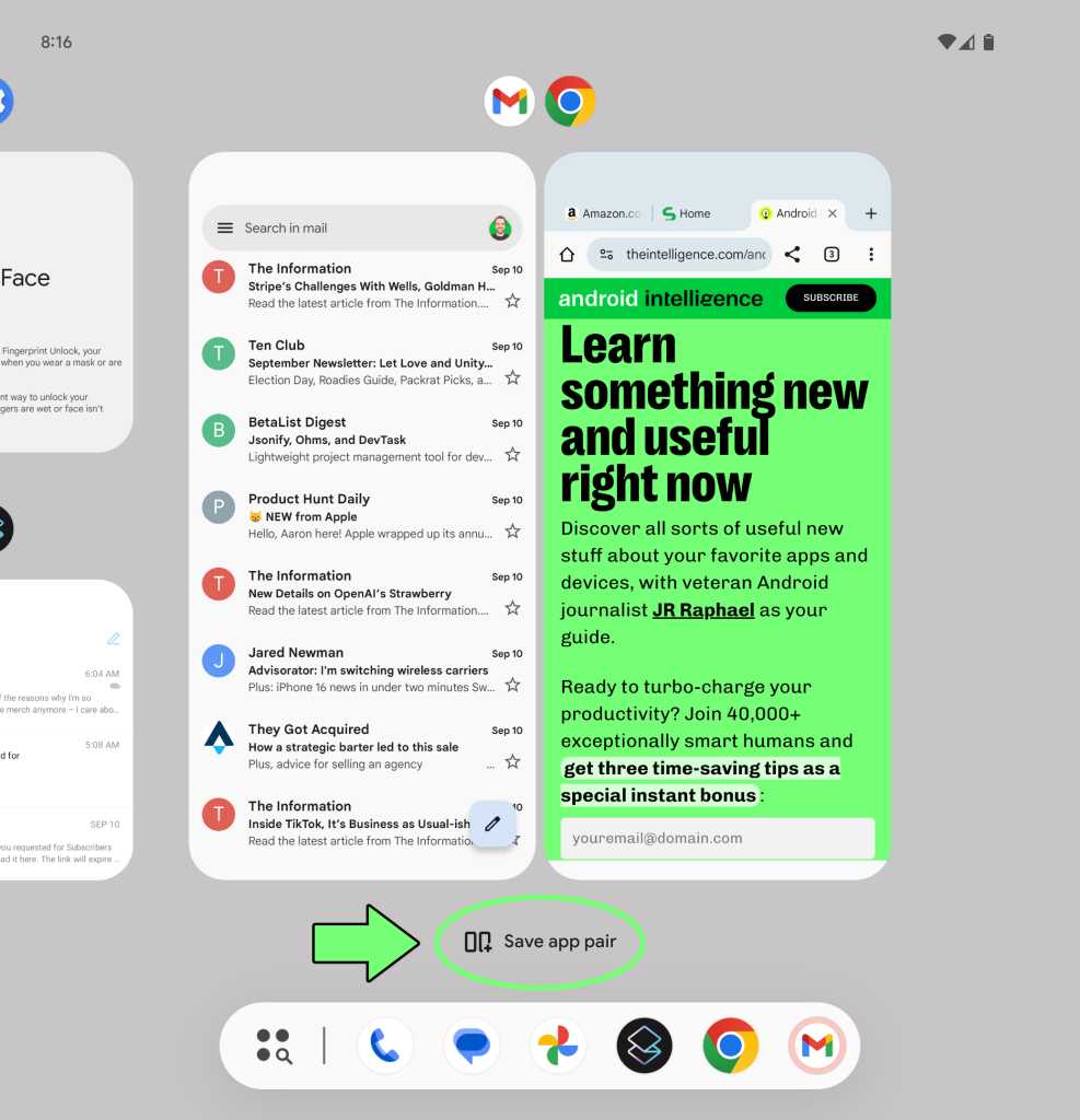 Google Pixel 9 Pro Fold Multitasking: "Save app pair" button