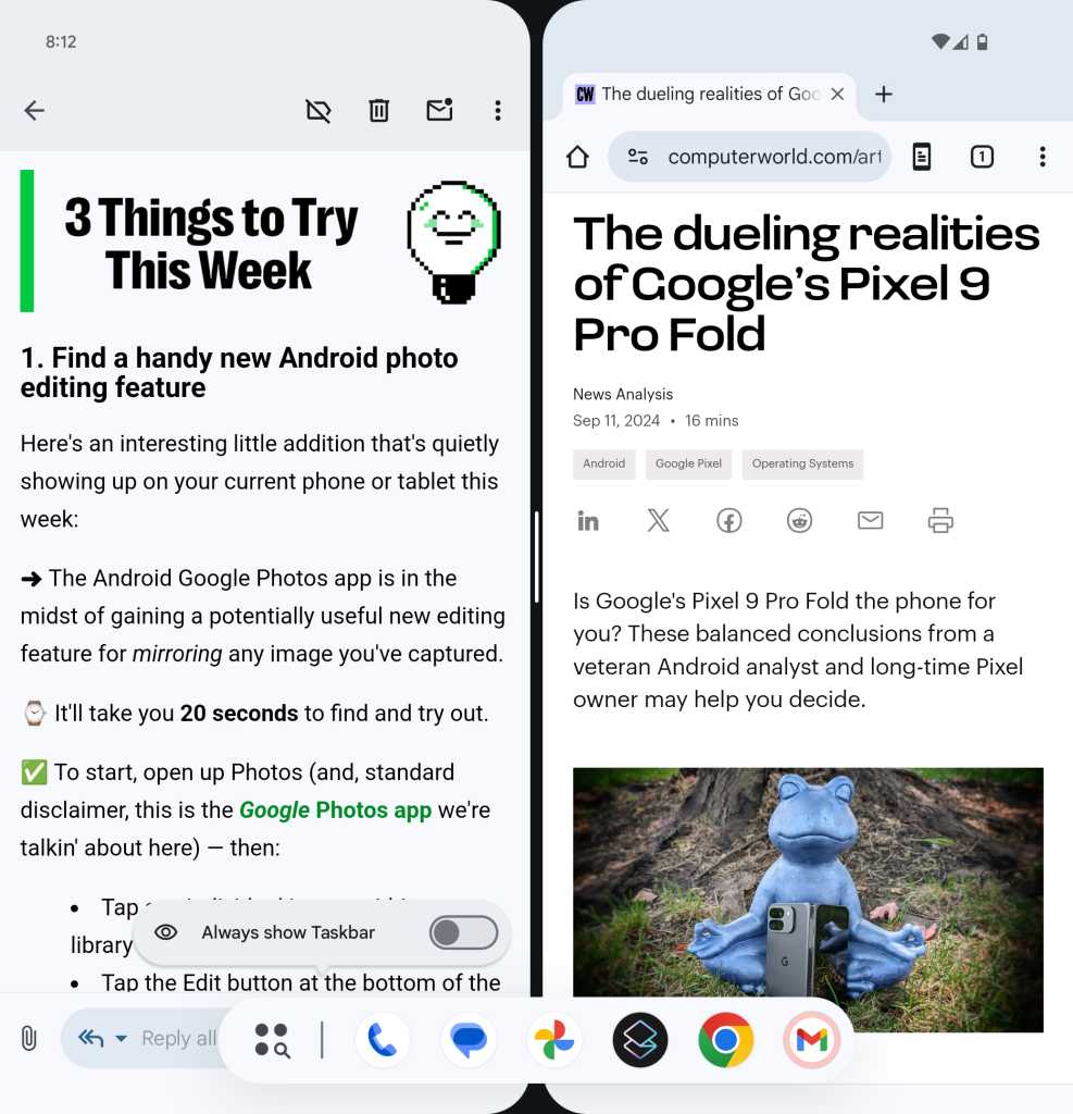 Google Pixel 9 Pro Fold taskbar - always show