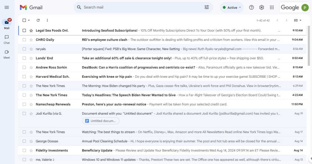 gmail inbox with messages list