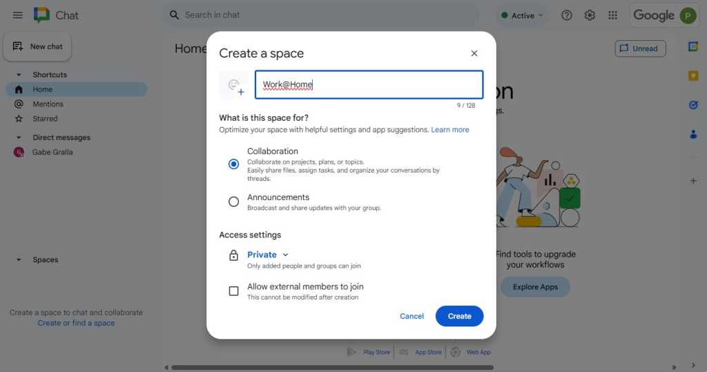 google chat screen with pane for creating a shared space