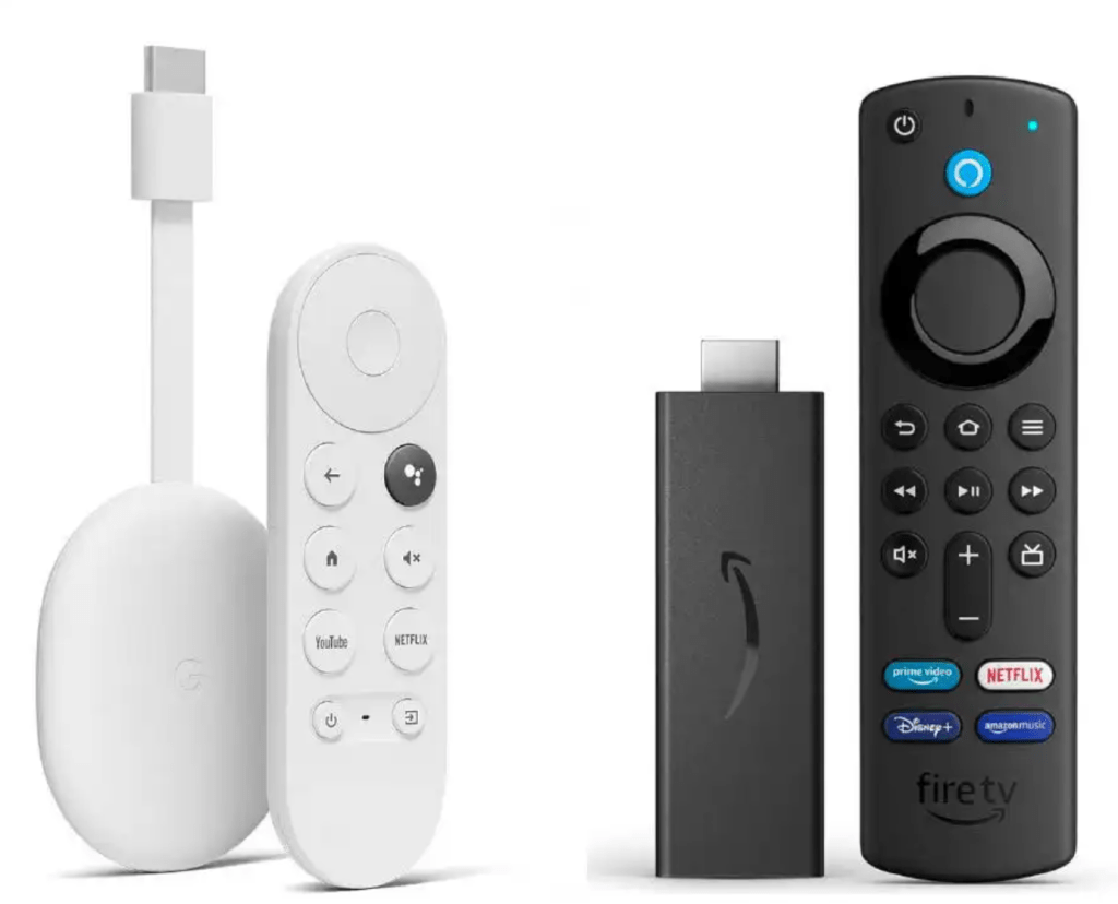 Streaming dongle such as Chromecast with Google TV (left) or Amazon Fire TV (right)