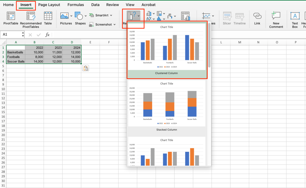 choosing the first recommended chart in excel