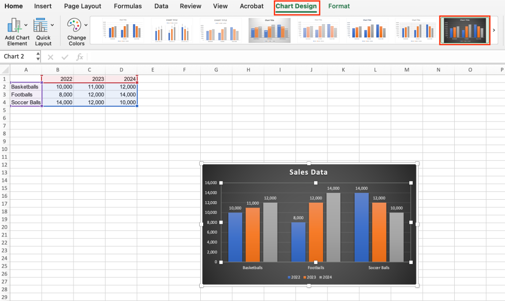 choosing a different design for a chart in excel