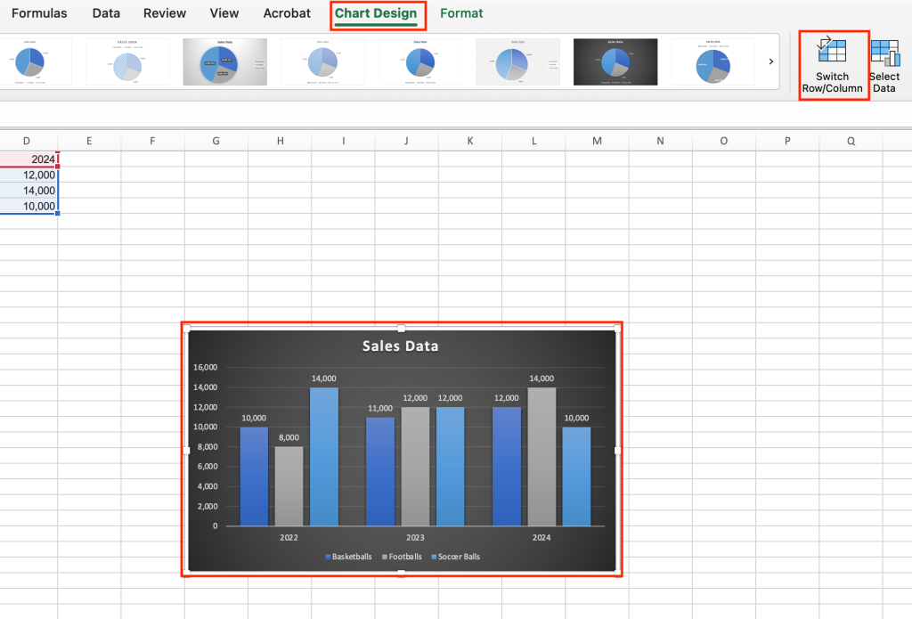 using the switch row column button to swap x and y axes in an excel chart