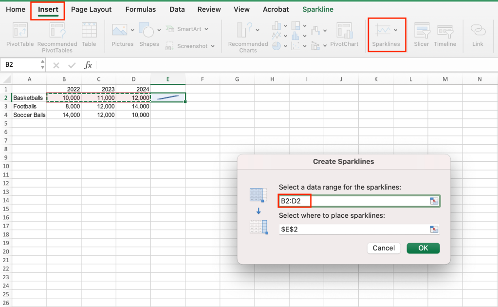 adding a sparkline to an Excel spreadsheet