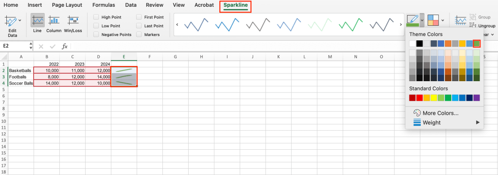 changing the color of sparklines in an Excel spreadsheet