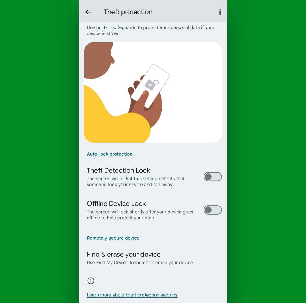 Google Android security enhancements: Theft protection menu