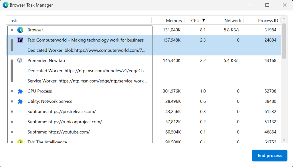 Edge browser task manager