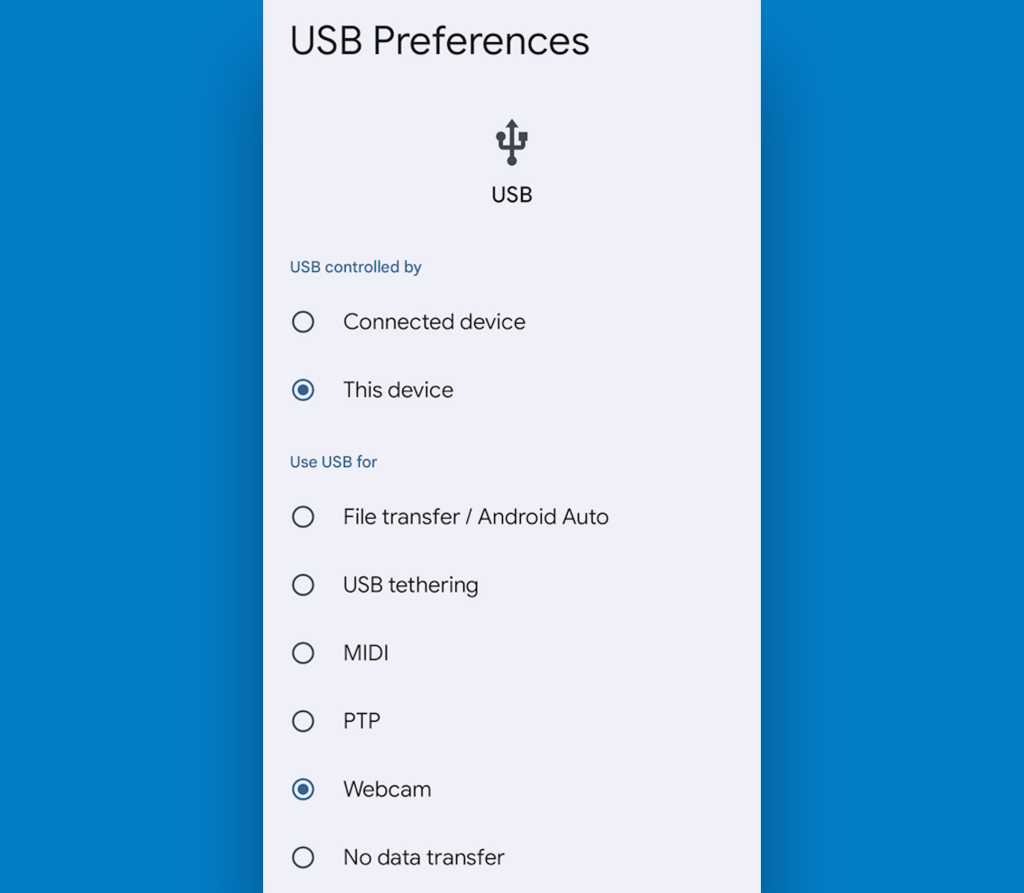 Pixel USB preferences use as a webcam (Windows)