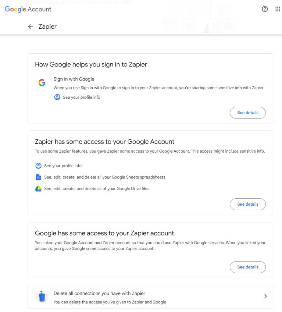 zapier app permissions page for google account 