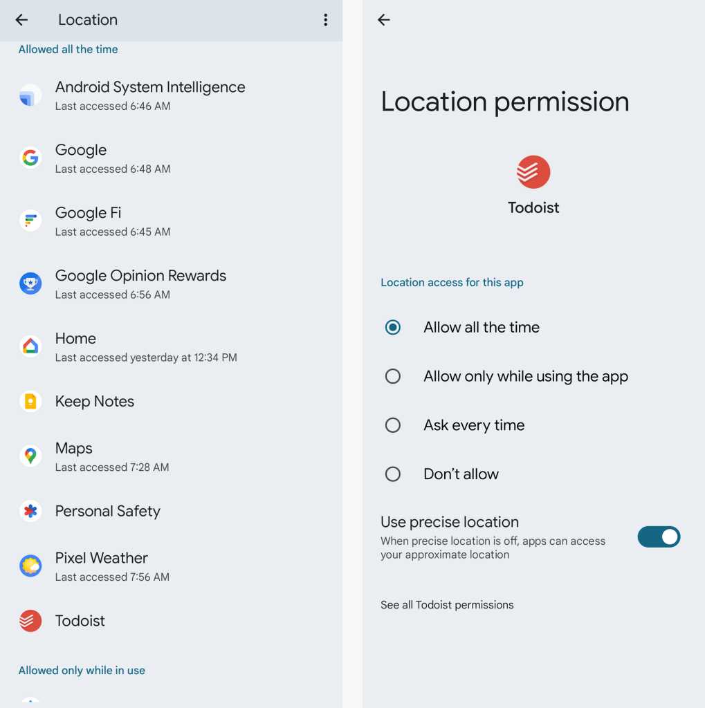 location permission page for todoist app on android