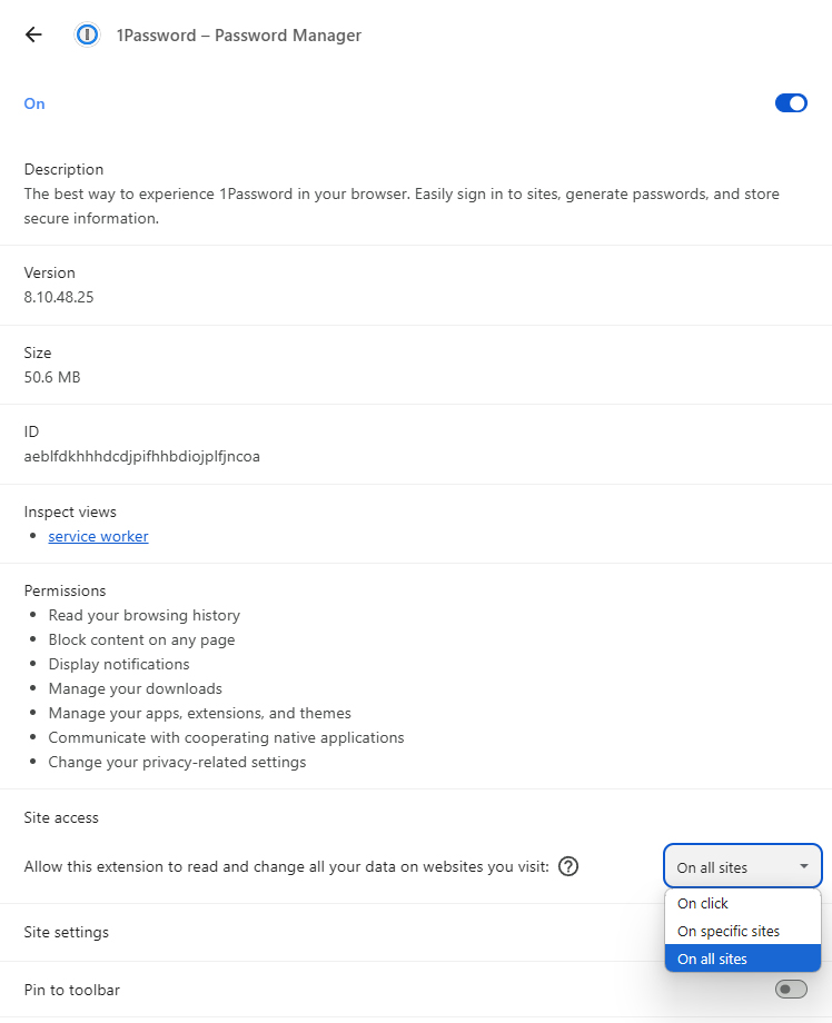 permissions page for 1password app in chrome browser