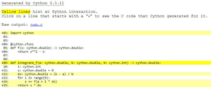 Cython code report with pure C function annotation.