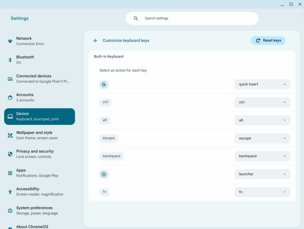 Samsung Galaxy Chromebook — ChromeOS keyboard settings