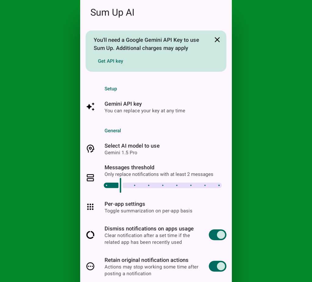 Summarize notifications on Android: Sum Up AI settings