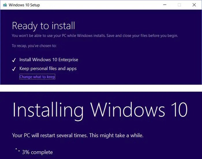 windows 10 screens - ready to install and installing windows 10