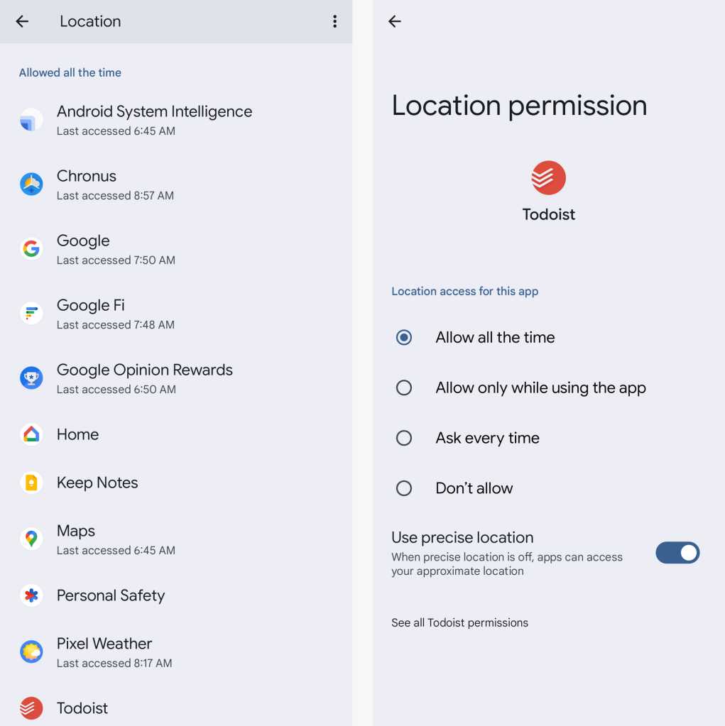 checking location permissions for todoist android app