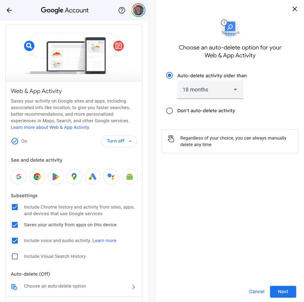 google account web and app activity settings