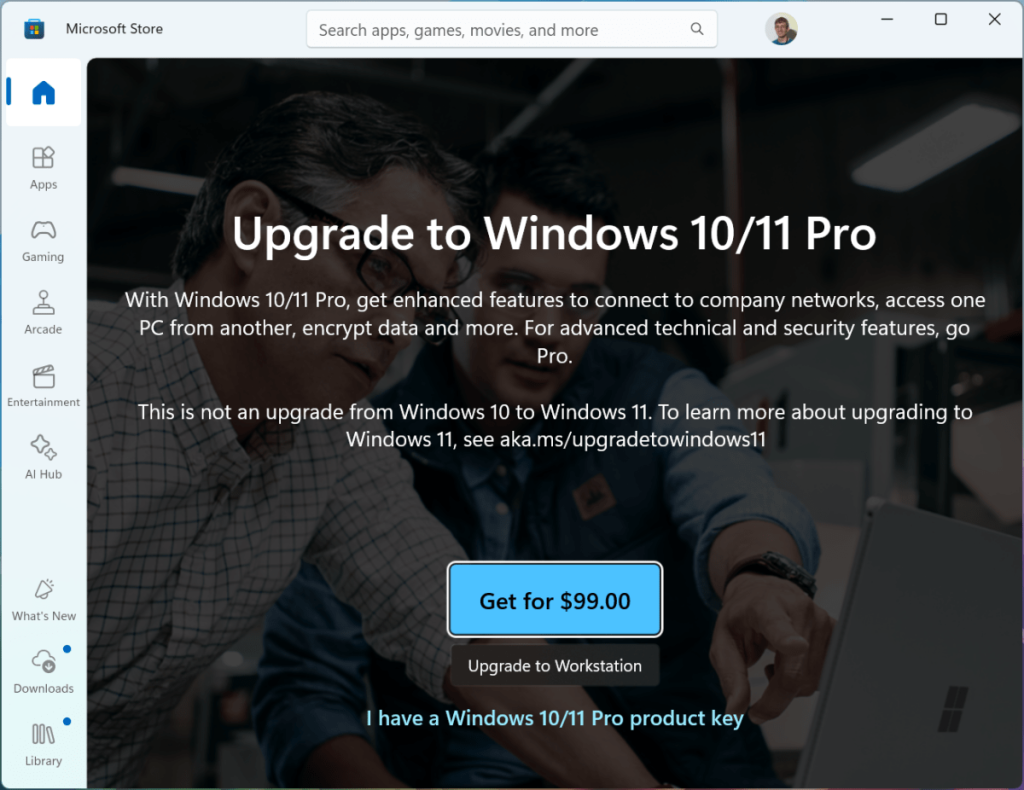 Windows 11 Pro upgrade prompt in the Microsoft Store screenshot