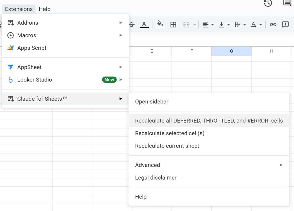 Ảnh chụp màn hình menu Google Sheets để tính toán lại các ô của Claude for Sheets