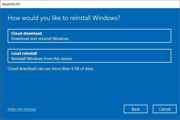 reset this pc screen - cloud download or local reinstall