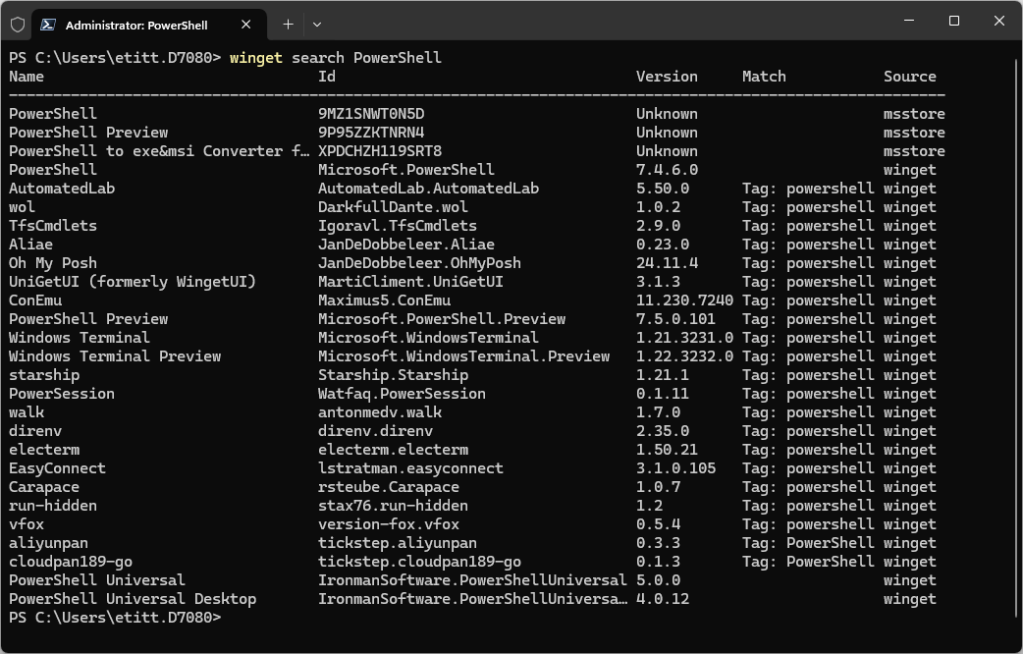 winget search powershell command in powershell