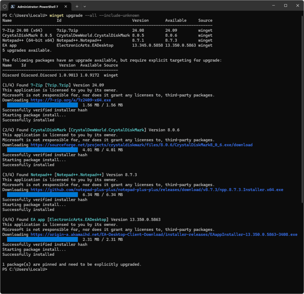 winget upgrade all include unknown command in powershell