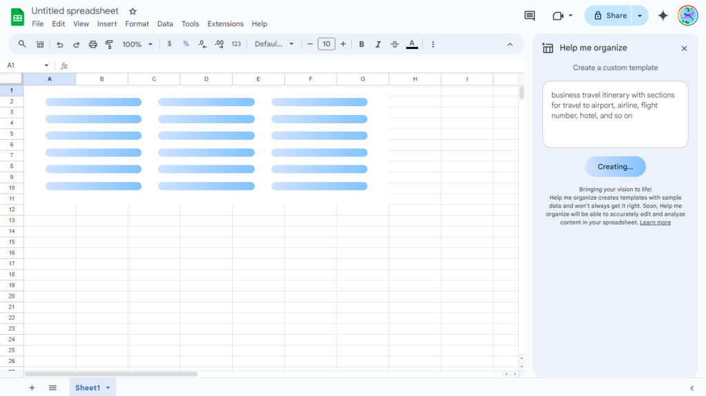 gemini generating a template in google sheets