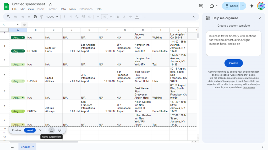 a generated itinerary template in google sheets