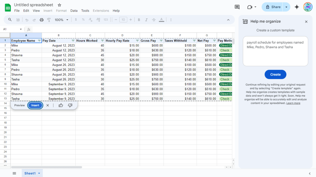 a prompt with specific requests in help me organize pane in google sheets