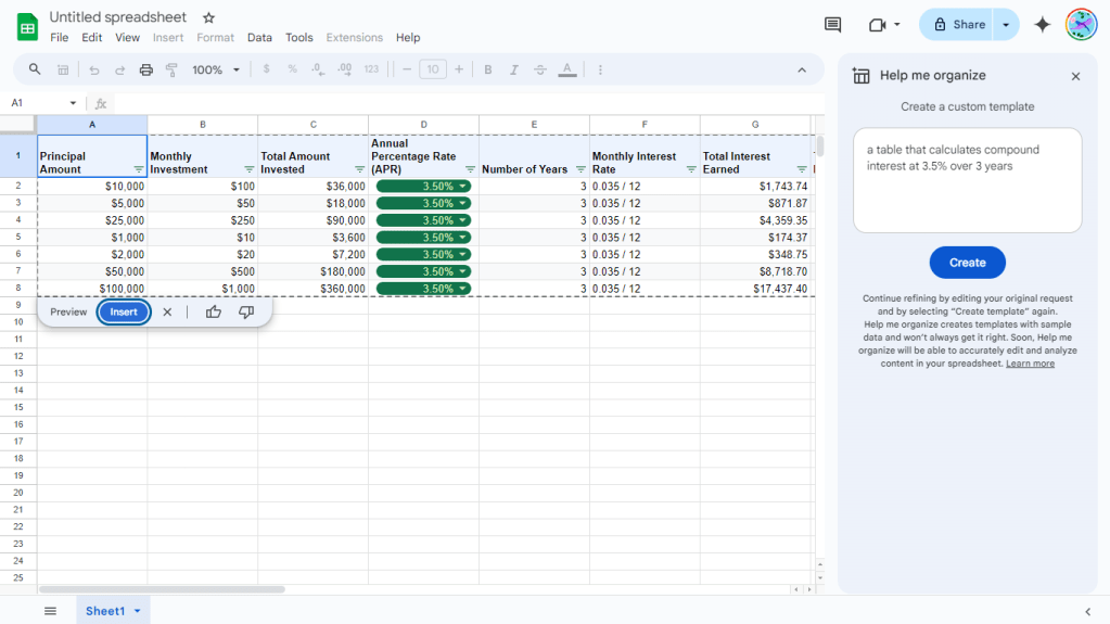 a prompt with calculation request in help me organize in google sheets