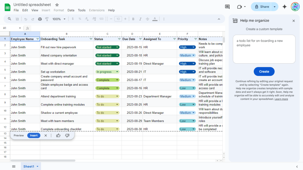 a generated todo list with dropdowns in google sheets