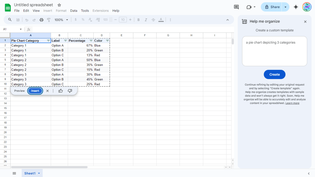 a generated template from a pie chart prompt in google sheets